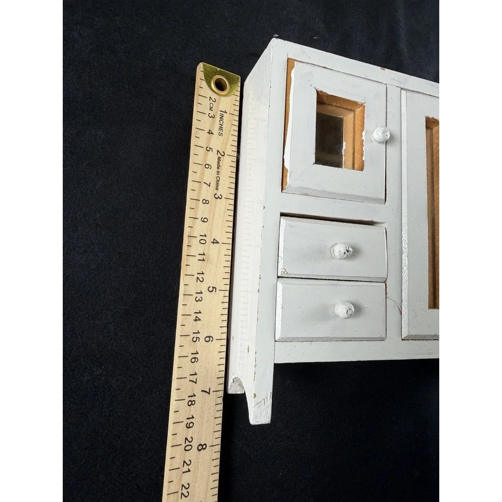 Vintage Dollhouse Miniature Wardrobe Wooden Doors Drawers Mirror